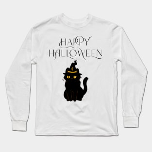 Cute Happy Halloween Black Cat Witch Hat T-Shirt/Halloween Apparel/Black Cat Merchandise/Fall Festival Material Long Sleeve T-Shirt